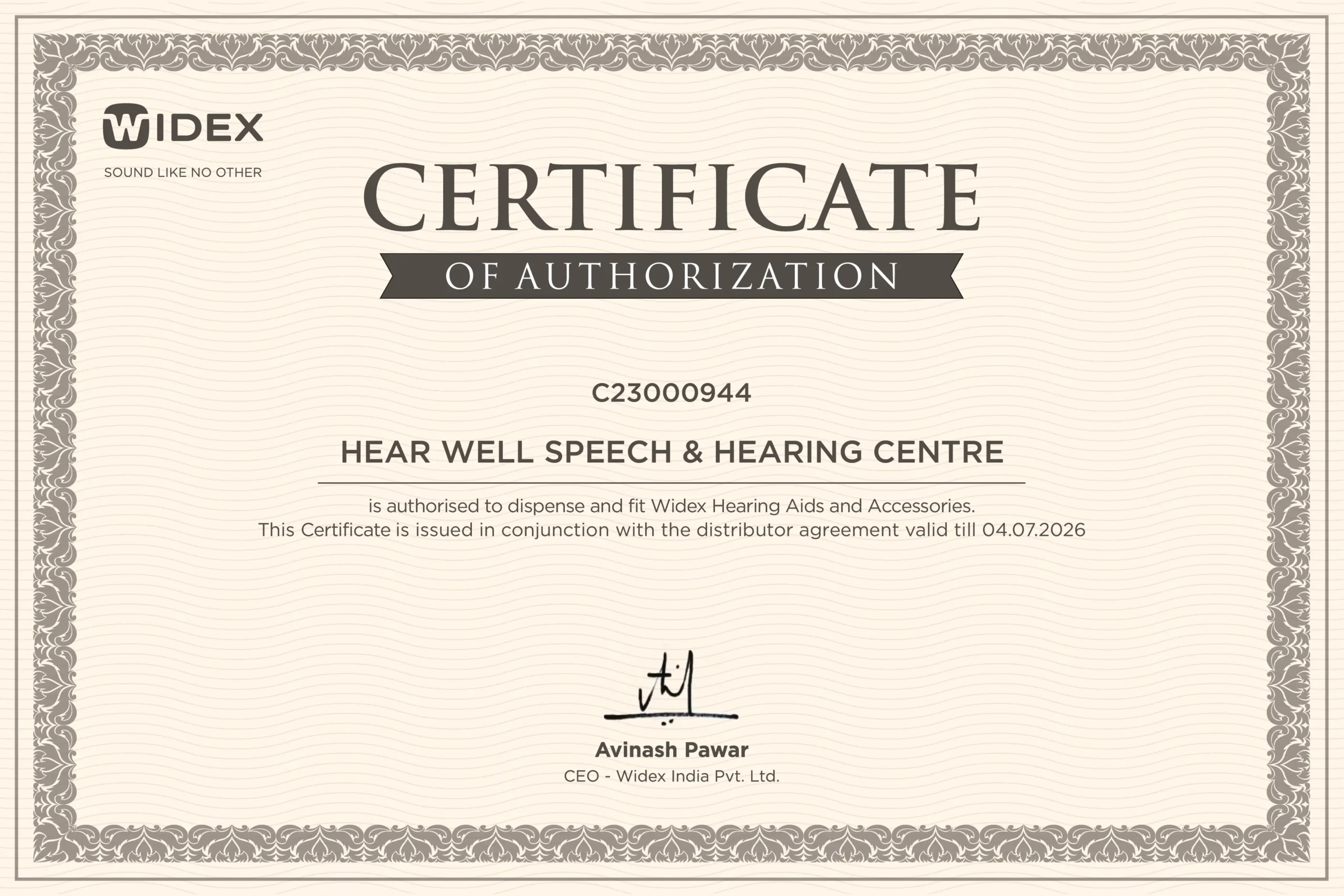Widex Authorized Certificate